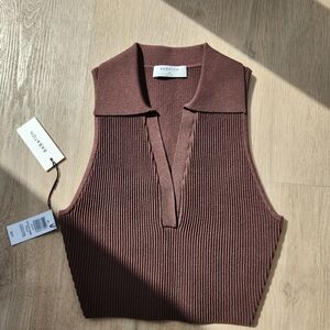 Babaton Brown Ribbed Knit Sleeveless Polo Top